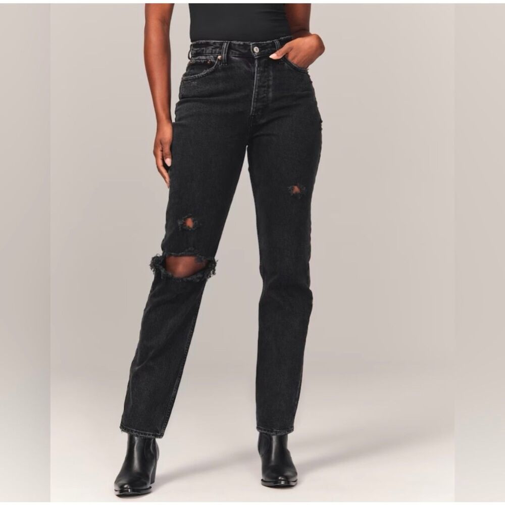 Abercrombie & Fitch The Dad High Rise Distressed Black Jeans Women's 30 Short